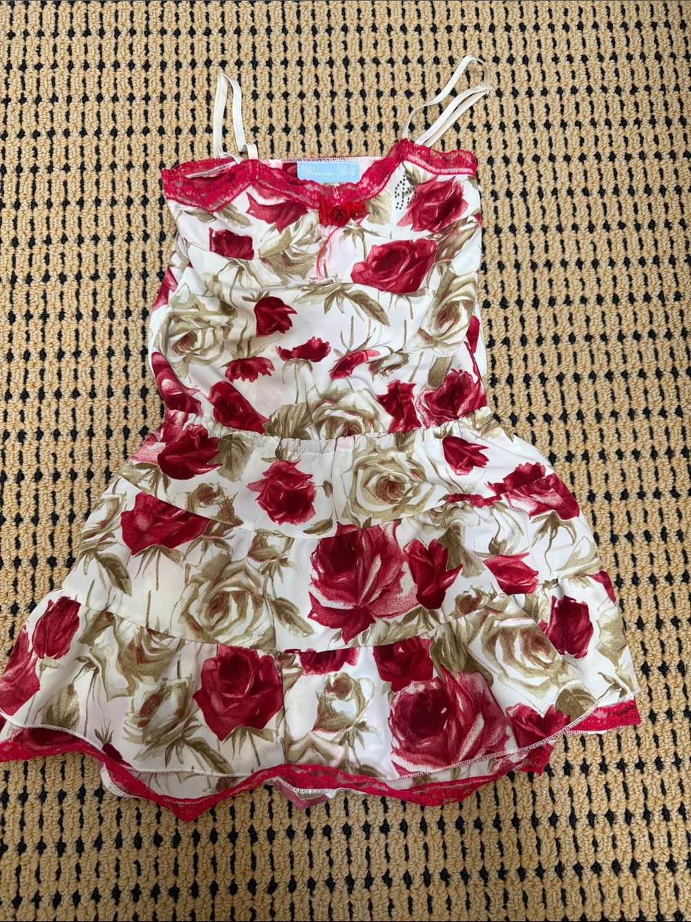 Blumarine Baby 4yo Floral Red & Cream Tiered Girls' Dress with Lace Trim